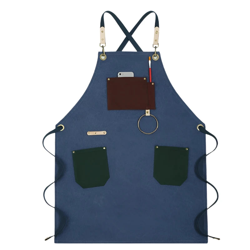 Blue apron with pockets and attachments on a white background