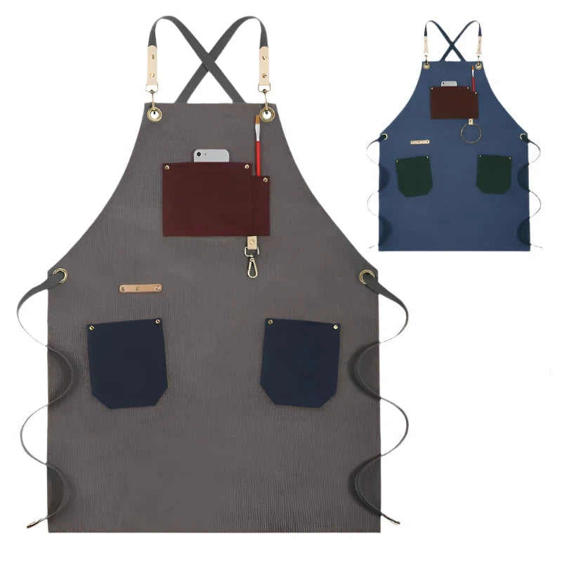 Gray apron with multiple pockets and straps