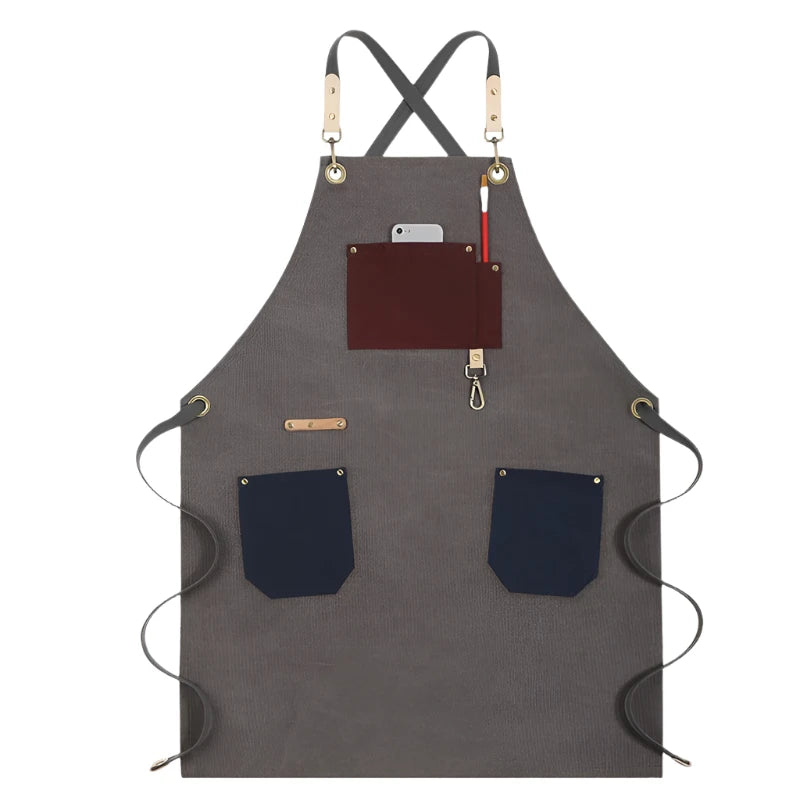 Gray apron with pockets and a small pouch on a white background